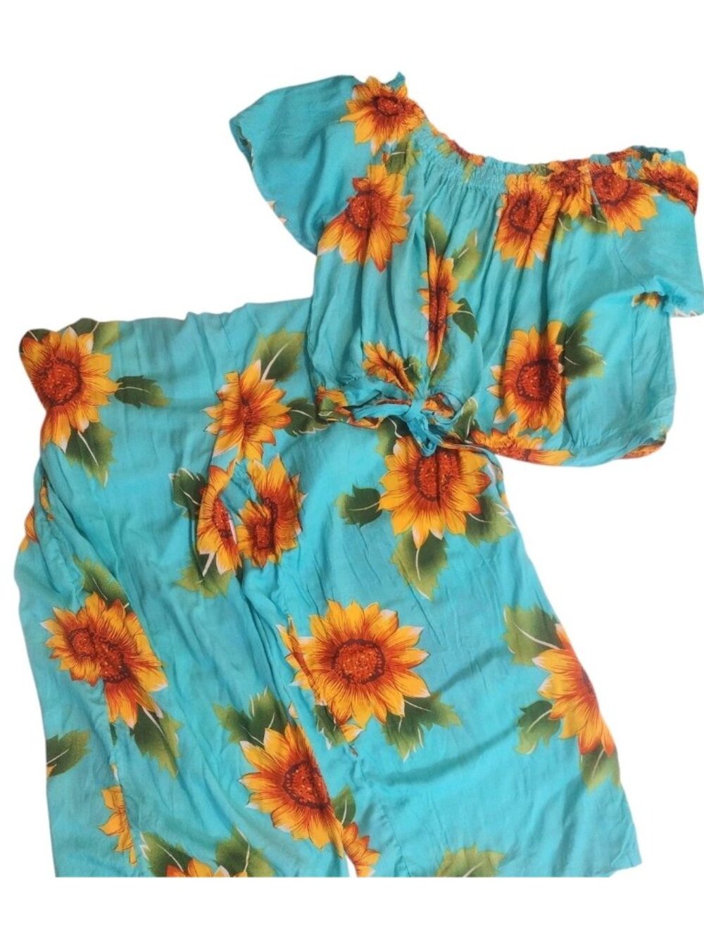 Sunflower Silk Blend Cropped Top Wide Leg Pant Set  XL Festival Beach Hippie